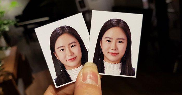 Close-up of a person holding two printed ID photos, showcasing a hairstyle and clothing suitable for formal ID photo requirements.